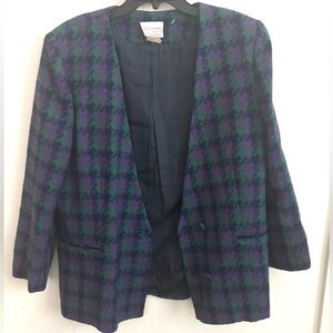 Vintage 80s Houndstooth Blazer Wool Purple Retro Longline Jacket Sz 14 Oversized
